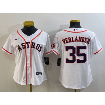 Women's Houston Astros #35 Justin Verlander White With Patch Cool Base Stitched Baseball Jersey(Run Small)