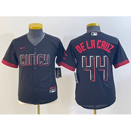 Youth Cincinnati Reds #44 Elly De La Cruz Black 2023 City Connect Stitched Baseball Jersey