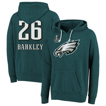 Men's Philadelphia Eagles #26 Saquon Barkley Threads Midnight Green Super Bowl LIX Champions Name & Number Tri-Blend Pullover Hoodie