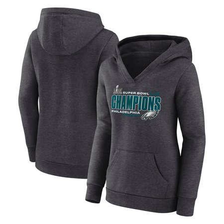 Women's Philadelphia Eagles Heather Charcoal Super Bowl LIX Champions V-Neck Pullover Hoodie