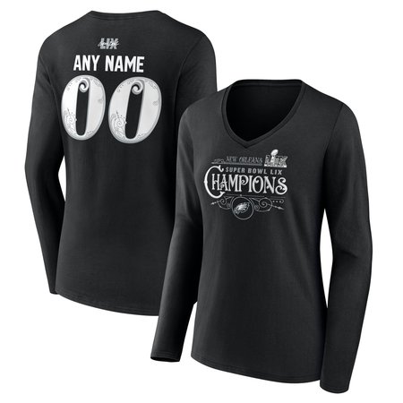 Women's Philadelphia Eagles Black Super Bowl LIX Champions Custom Name & Number Long Sleeve V-Neck T-Shirt