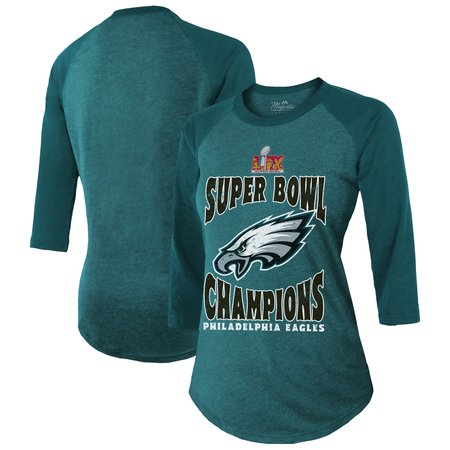 Women's Philadelphia Eagles Threads Midnight Green Super Bowl LIX Champions Foe Tri-Blend 3/4 Sleeve Raglan T-Shirt