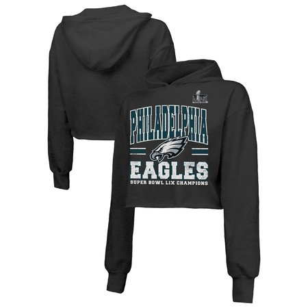 Women's Philadelphia Eagles Threads Black Super Bowl LIX Champions Fair Catch Tri-Blend Cropped Pullover Hoodie