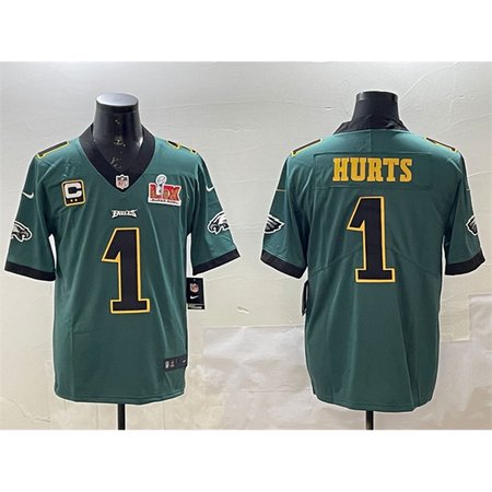 Men's Philadelphia Eagles #1 Jalen Hurts Green Golden 2025 Super Bowl LIX Patch And 2-star C Patch Vapor Untouchable Limited Stitched Football Jersey