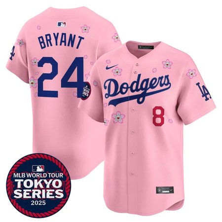 Men's Los Angeles Dodgers #8/24 Kobe Bryant Pink Tokyo 2025 Cool Base Stitched Baseball Jersey