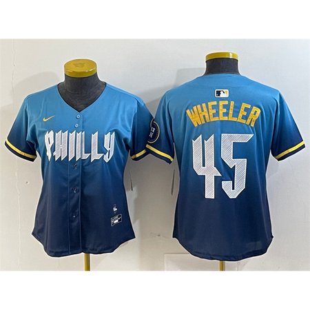 Women's Philadelphia Phillies #45 Zack Wheeler Blue 2024 City Connect Limited Stitched Baseball Jersey