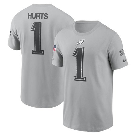 Men's Philadelphia Eagles #1 Jalen Hurts Gray 2024 Salute To Service Name & Number T-Shirt