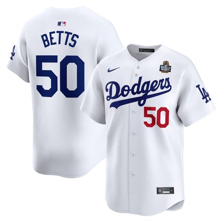 Men's Los Angeles Dodgers #50 Mookie Betts White 2024 World Series Home Limited Player Jersey