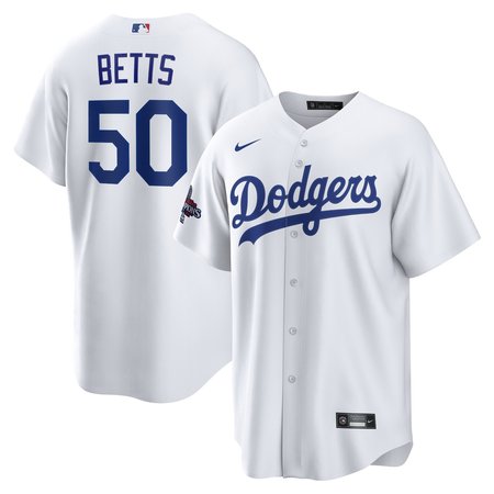 Men's Los Angeles Dodgers #50 Mookie Betts White 2024 World Series Champions Home Replica Player Jersey