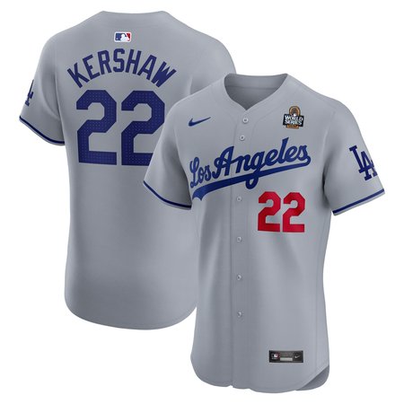 Men's Los Angeles Dodgers #22 Clayton Kershaw Gray 2024 World Series Road Elite Player Jersey