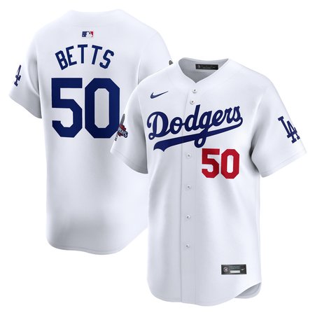 Men's Los Angeles Dodgers #50 Mookie Betts White 2024 World Series Champions Home Limited Player Jersey