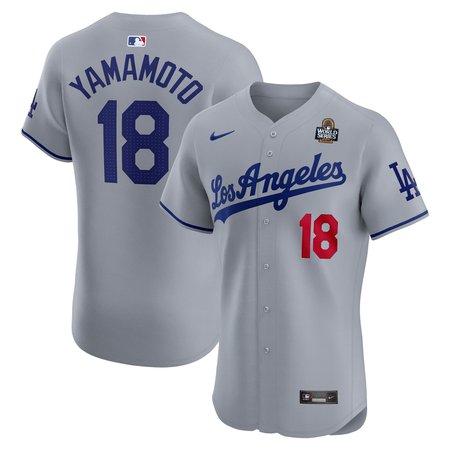 Men's Los Angeles Dodgers #18 Yoshinobu Yamamoto Gray 2024 World Series Road Elite Player Jersey