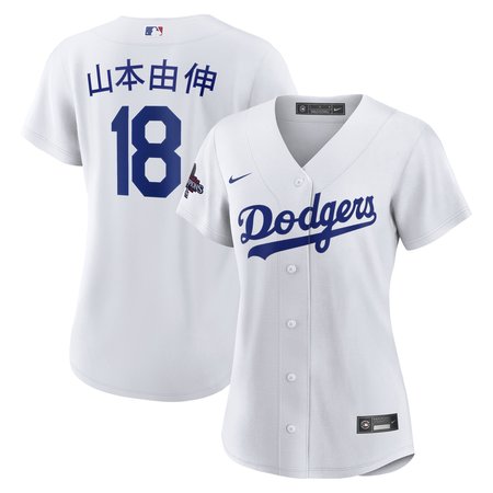 Women's Los Angeles Dodgers #18 Yoshinobu Yamamoto White 2024 World Series Champions Home Japanese Characters Replica Player Jersey