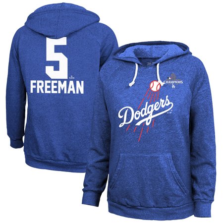 Women's Los Angeles Dodgers #5 Freddie Freeman Threads Royal 2024 World Series Champions Hoodie