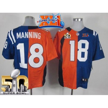 Colts #18 Peyton Manning Orange/Royal Blue Super Bowl XLI & Super Bowl 50 Men's Stitched NFL Elite Split Broncos Jersey