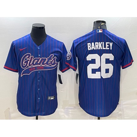 Men's New York Giants #26 Saquon Barkley Blue With Patch Cool Base Stitched Baseball Jersey