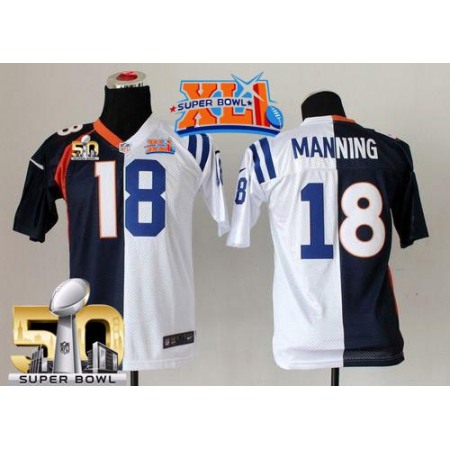 Broncos #18 Peyton Manning Blue/White Super Bowl XLI & Super Bowl 50 Youth Stitched NFL Elite Split Colts Jersey