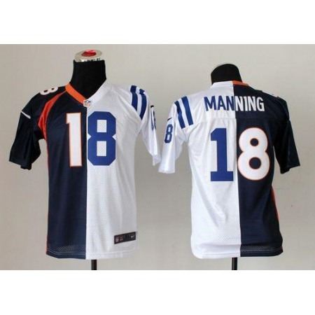 Colts #18 Peyton Manning Blue/White Youth Stitched NFL Elite Split Broncos Jersey