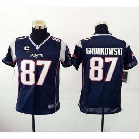 Patriots #87 Rob Gronkowski Navy Blue Team Color With C Patch Youth Stitched NFL New Elite Jersey