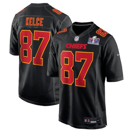 Men's Kansas City Chiefs #87 Travis Kelce Black Super Bowl LVIII Carbon Fashion Game Player Jersey